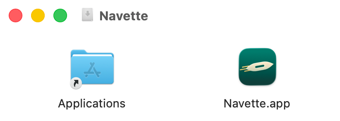 Fenêtre de l'image disque Navette : le dossier Applications à gauche, Navette.app à droite.