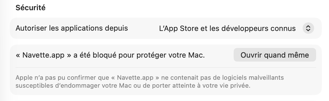 Réglages Système, section Sécurité : « Navette.app a été bloqué pour protéger votre Mac », avec le bouton Ouvrir quand même.
