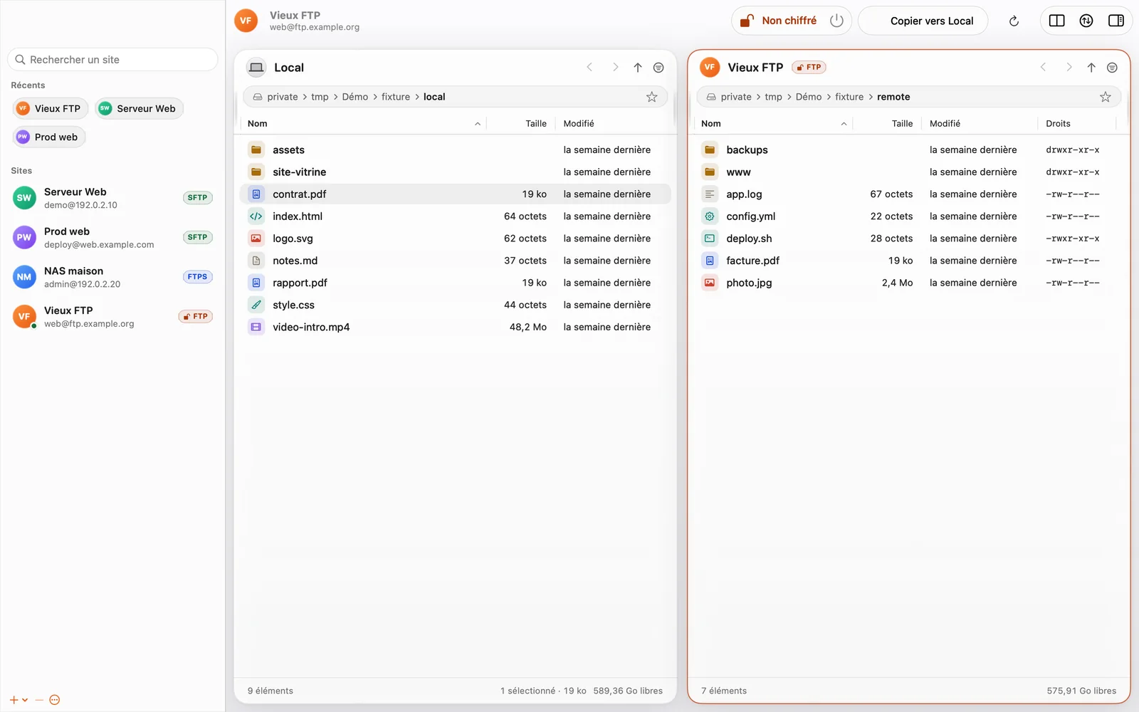 Connexion à un serveur FTP, signalée par un badge orange « Non chiffré » dans la barre d'outils.
