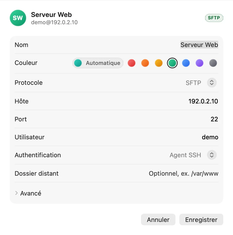 Fiche d'un site SFTP : nom, couleur de l'avatar, protocole, hôte, port, utilisateur et authentification par agent SSH.